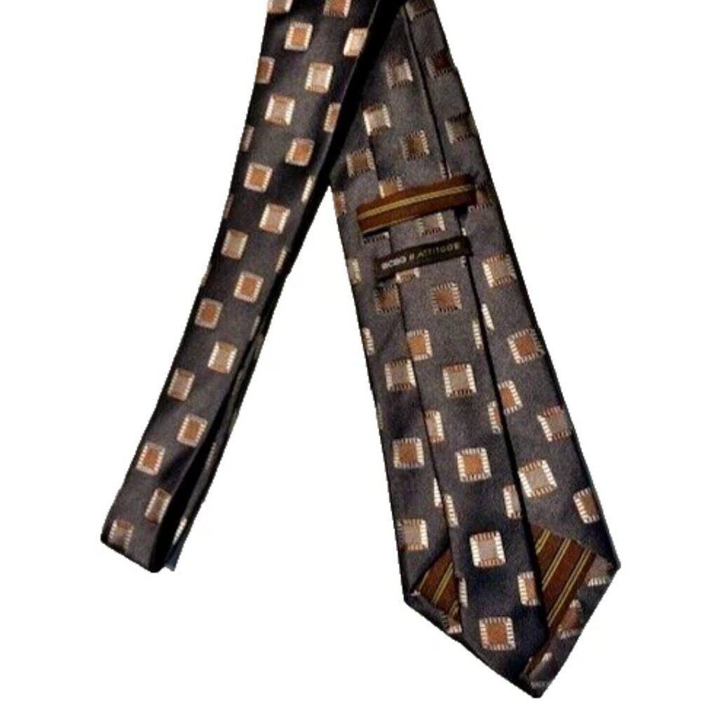 BCBG Attitude Mens Gray Brown Squares Necktie 100% Imported Silk Hand Sewn 56'